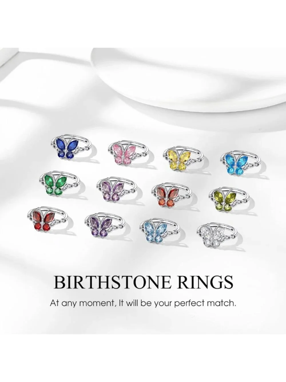 Sterling Silver Butterfly Ring - Hypoallergenic Adjustable Birthstone Jewelry